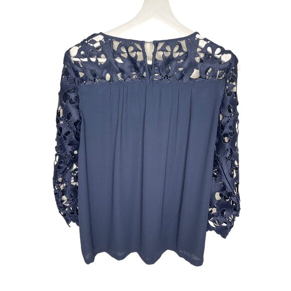 LOFT Small Navy Lace Long Sleeve Blouse Peasant Romantic Workwear - Picture 2 of 7